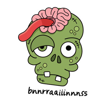 Spooky green zombie skull character with exposed brain isolated on white background