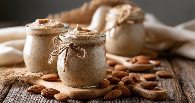 In a cozy kitchen, creamy almond spread jars accompanied by fresh almonds rest on a rustic wooden surface.
