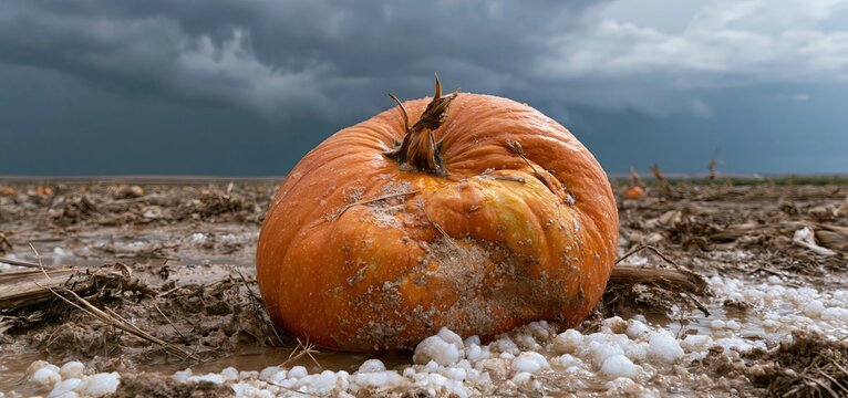 A smashed orange pumpkin lies in a soaked field beneath stormy skies, illustrating agricultural loss and insurance needs.