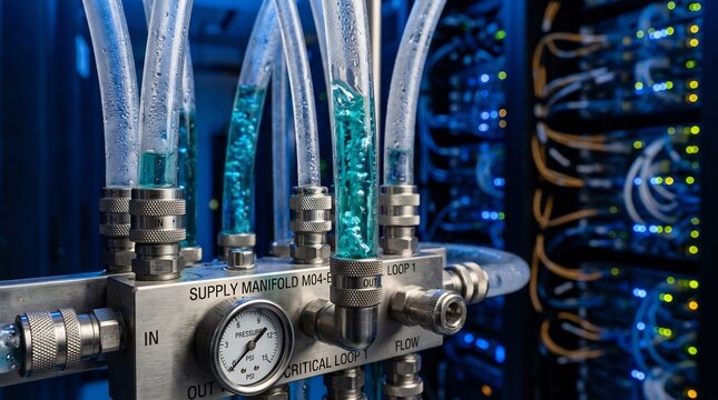 High-tech liquid cooling manifold system for data center servers with pressure gauge