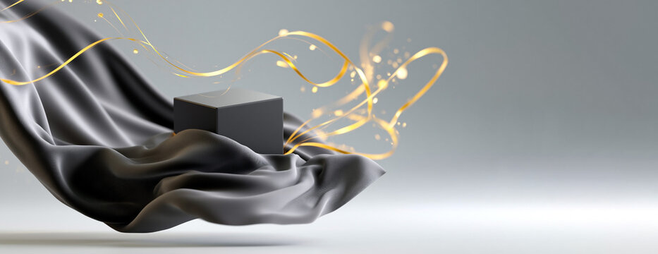 Abstract black flowing fabric with elegant golden light trails and glowing particles on a minimalist gray background