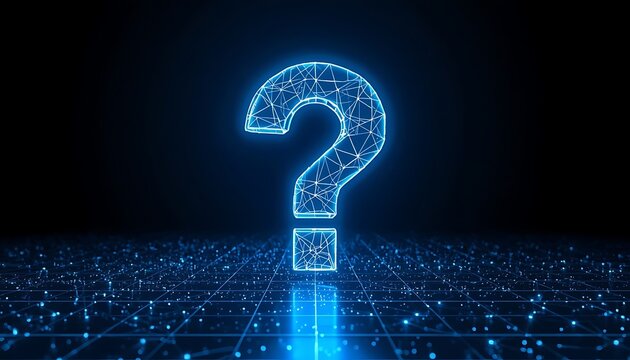Neon blue glowing question mark digital plexus network background for technology innovation.