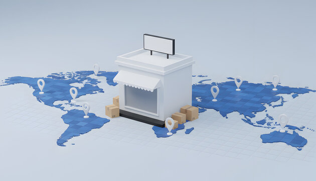 Small retail store model on world map with shipping boxes