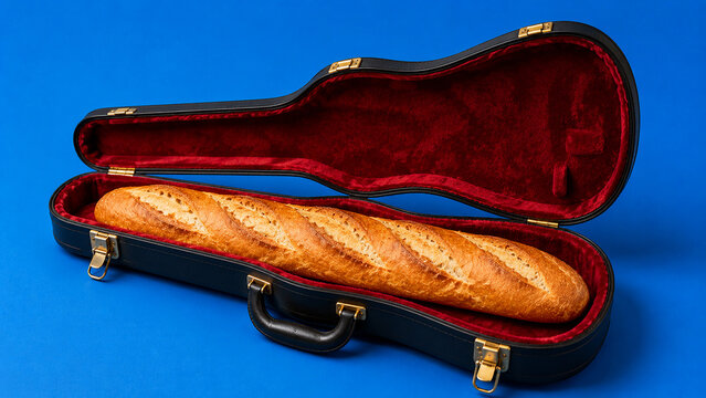 Fresh baguette displayed inside violin case as artisan bakery and culinary performance concept