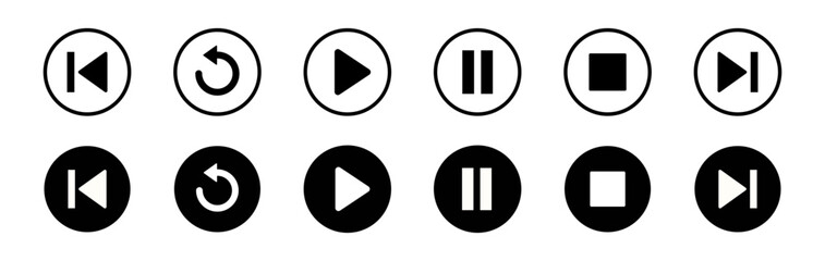 Media player control icon set with play, pause, stop, previous, next and replay symbols. Playback buttons in outline and solid styles © Point Nemo