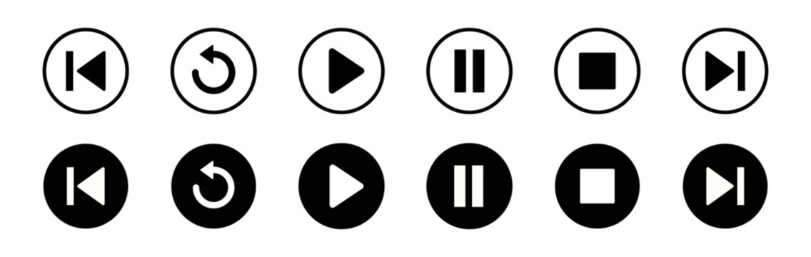 Media player control icon set with play, pause, stop, previous, next and replay symbols. Playback buttons in outline and solid styles