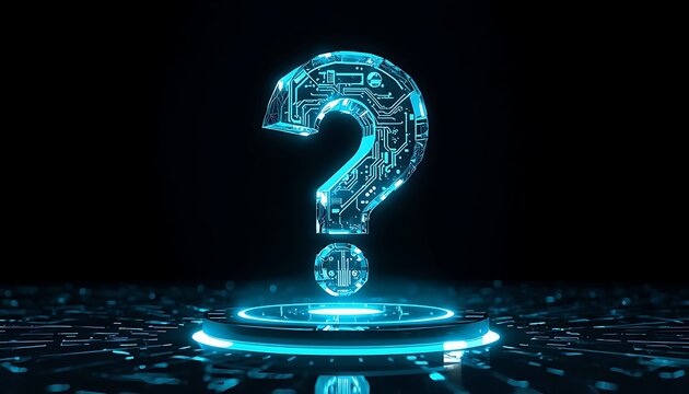 Circuit board style question mark floating over circular illuminated pedestal with glow.