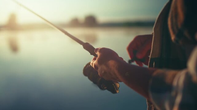 Macro view of woman hands operating a spinning reel during sunrise fishing on a quiet lake with beautiful natural scenery and outdoor lifestyle