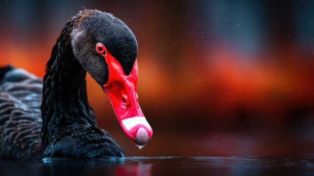 A close-up of a magnificent black swan, showcasing its glossy feathers and bright red beak, reflecting the beauty of nature and gracefulness of this bird.