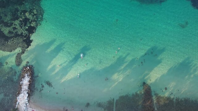 Aerial drone of a peaceful beach in Thassos, Greece, featuring transparent turquoise water, paddleboards, swimmers and a beautiful Mediterranean coastline.