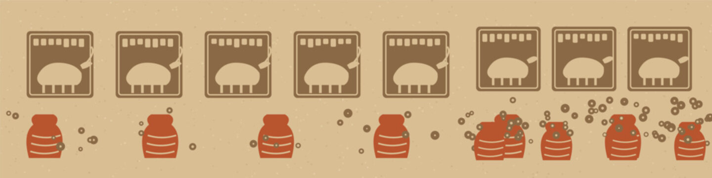 Indus Valley steatite seals with unicorn bull motifs undeciphered script rows and painted pottery jars, Harappan archaeology ultra wide banner vector illustration