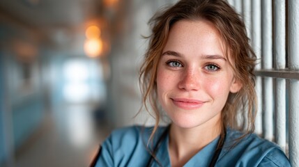 Obraz premium A smiling young female healthcare professional stands in a clinical setting, exuding warmth, compassion, and dedication while showcasing the importance of healthcare workers in society.