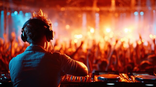 A DJ stands before a lively crowd at a vibrant nightclub event, immersed in electrifying energy and colorful lights, creating an unforgettable experience for partygoers.
