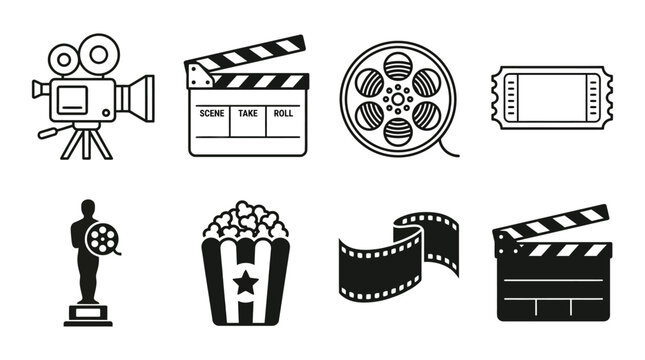 Movie themed Icons Black and white Line Art Collection