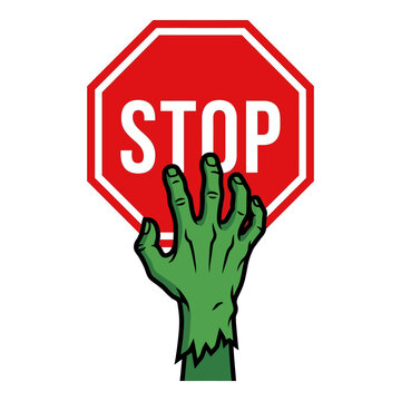 Action: Zombie Hand Grasping a Stop Sign - Isolated Graphic Vector Illustration on White Background