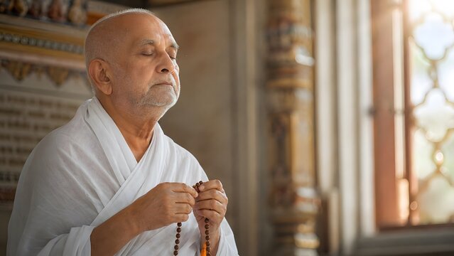 Elderly Asian monk wearing traditional white clothing practicing deep meditation with prayer beads in his hands while sitting inside a temple during the early morning hours with soft golden