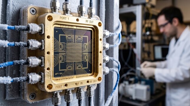 Scientist inspects advanced quantum processor chip in high-tech laboratory setting