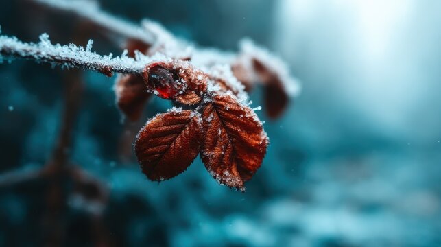 A close-up of frosted leaves on a branch, capturing the beautiful details of frost in a winter landscape, evoking feelings of tranquility and the charm of nature's wonders.