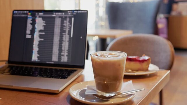 Iced coffee beside laptop and dessert on cafe table with soft daylight and cozy work atmosphere