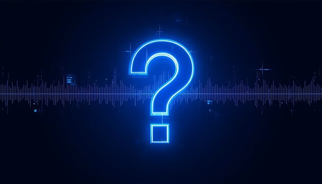 Blue neon question mark glows against digital waveform, representing technology and sound.