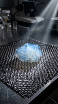 Translucent crystal material glowing on carbon fiber mat in scientific laboratory setting