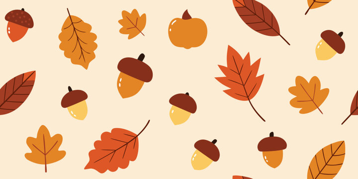 Seamless pattern of autumn leaves acorns and pumpkins on light beige background, festive fall theme.