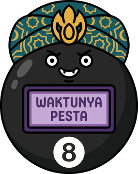 Cute cartoon magic eight ball character wearing a traditional patterned turban with Indonesian text saying party time