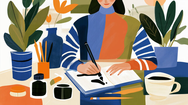 Creative artist participating in inktober international ink drawing festival, sketching with pen at desk surrounded by art supplies and plants