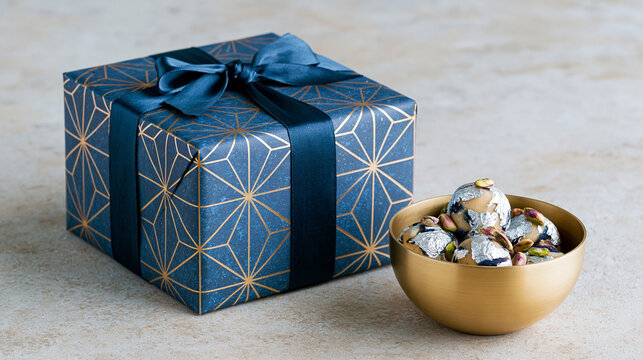 Gift box wrapped in blue geometric paper with a dark ribbon beside a gold bowl filled with assorted chocolates and nuts on a textured surface