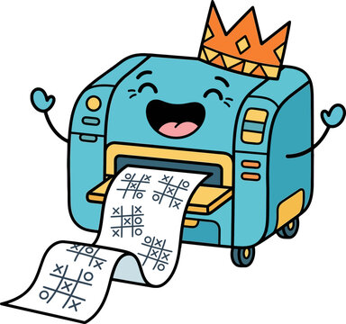 Cute cartoon blue printer character wearing a crown and printing tic tac toe games.
