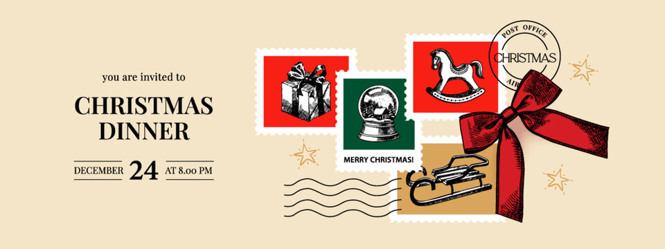 Christmas postage stamp collage set, vintage hand drawn holiday icons. Greeting card, postcard, banner. Sketch crayon vector illustration.