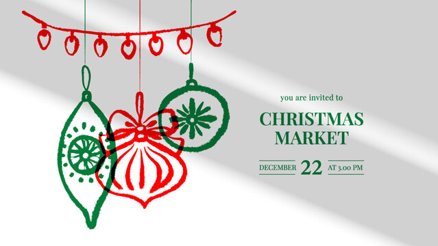 Christmas banner with hand drawn holiday ornaments. Festive mood, crayon doodle design. New year frame background. Vector sketch isolated illustration.