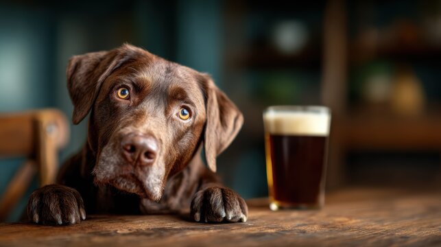 This heartwarming image depicts a curious dog gazing longingly at a beverage on the table, capturing the bond between pets and humans in everyday settings.