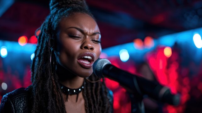 This image captures a passionate singer engaging the audience in a vibrant venue, highlighting their intense expression while delivering an outstanding performance with emotional depth.