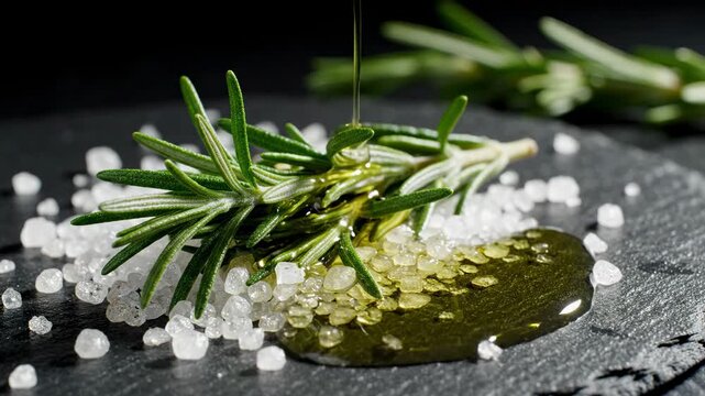 Extra virgin olive oil being poured onto fresh rosemary sprigs and coarse sea salt, culinary ingredients for seasoning, dark background