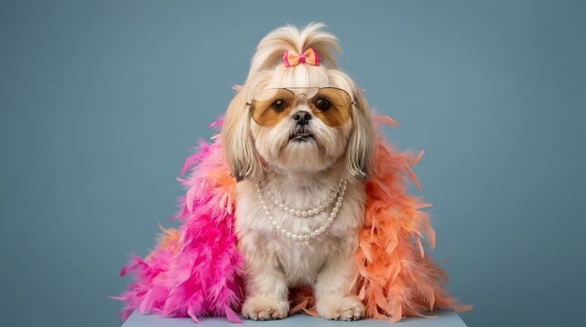 Fashionable shih tzu dog wearing pearl necklace pink feather boa with wearing stylish sunglasses sunglasses against blue cute shih
