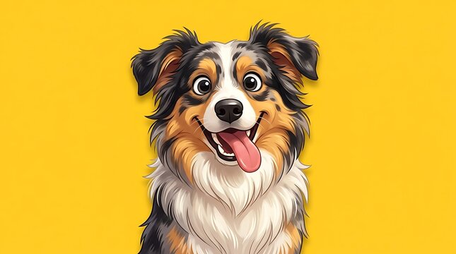 Happy tricolor dog portrait illustrative style isolated against a bright solid yellow background surface with presented vibrant illustrative