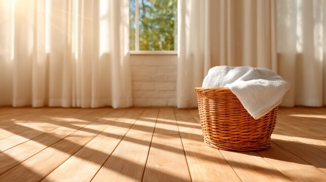 A cozy woven basket holds a fluffy towel, bathed in natural light, creating an inviting atmosphere suggestive of comfort and relaxation in domestic spaces.