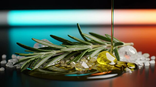Olive oil being poured onto fresh rosemary sprigs and coarse sea salt crystals, creating a culinary blend for seasoning and healthy cooking
