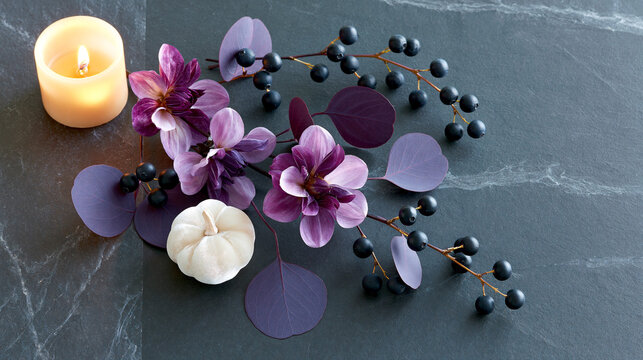 Arrangement of purple flowers, black berries, and a white pumpkin beside a lit candle on a dark marble surface, creating an elegant decorative display