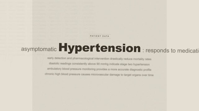 Hypertension archival medical records text montage, retro high blood pressure cardiovascular history stop motion