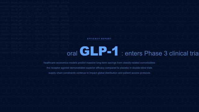 GLP-1 obesity treatment medical analytics data flow, weight loss medication clinical trial stop motion hud