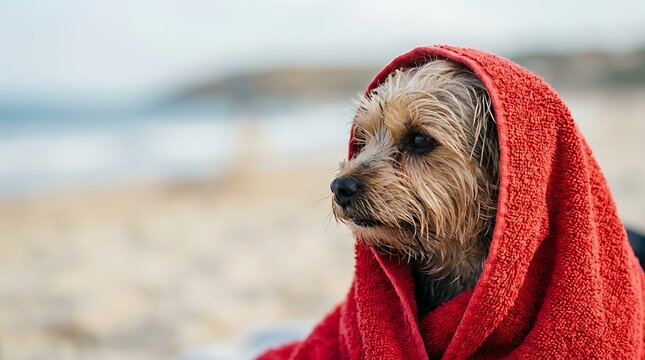 Cute small terrier wrapped in red towel resting outdoors on sandy beach during summer day with blurred coastal background natural light blurred