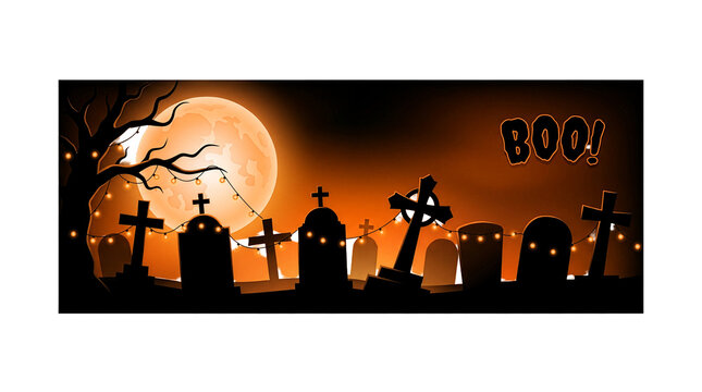 Spooky Halloween graveyard banner with full moon, silhouette of cemetery tombstones and boo text, orange night sky background with spooky trees