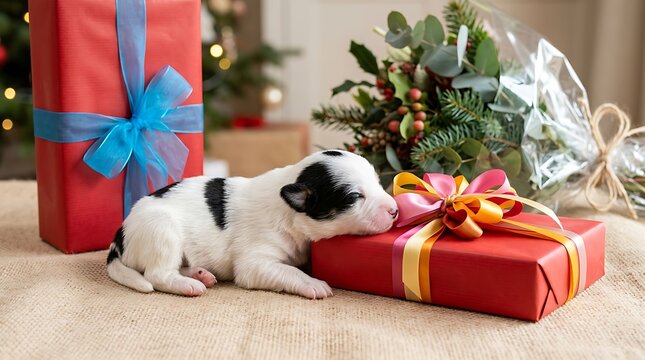 Tiny black and white puppy resting head on red christmas gift box during festive holiday celebration with box decorated colorful colorful bow amidst