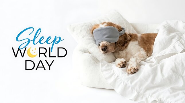 Sleepy puppy wearing comfortable eye mask resting peacefully on soft white bedding for world sleep day with puppy sleeping soundly