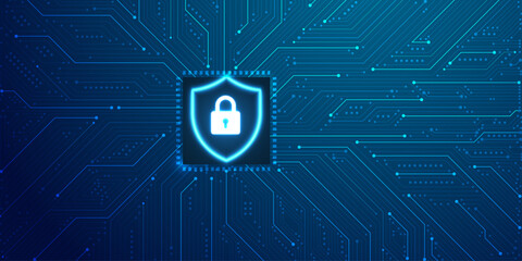 Cybersecurity concept with glowing lock symbol on blue digital circuit board background. © Nahin