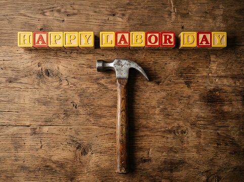 Happy labor day greeting spelled out with vintage wooden alphabet blocks and a metal hammer on a rustic dark brown wooden background texture