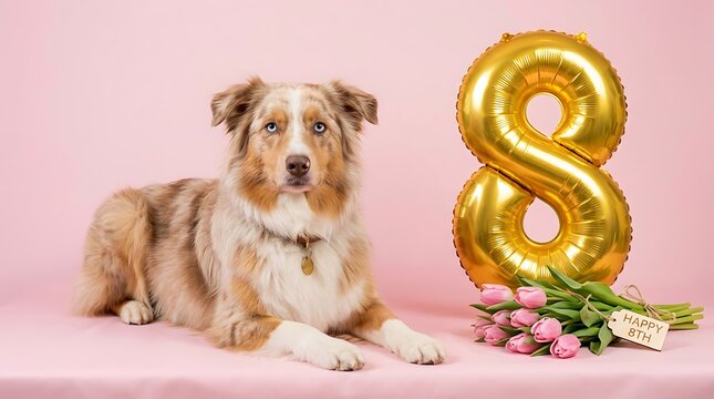 Australian shepherd dog celebrating eighth birthday anniversary with golden balloon and pink tulips bouquet decor with balloon number eight