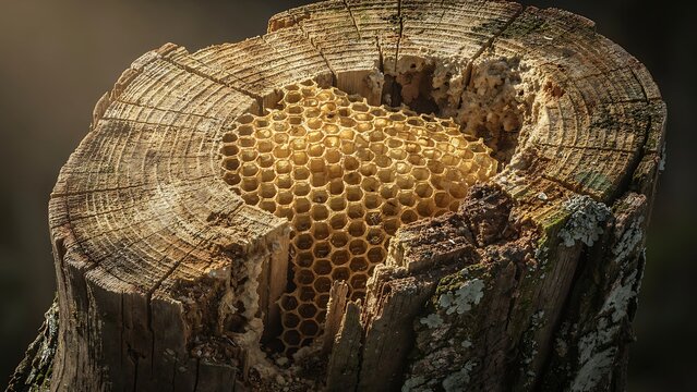 Natural Honeycomb Structure Preserved Inside Weathered Tree Stump Cross Section